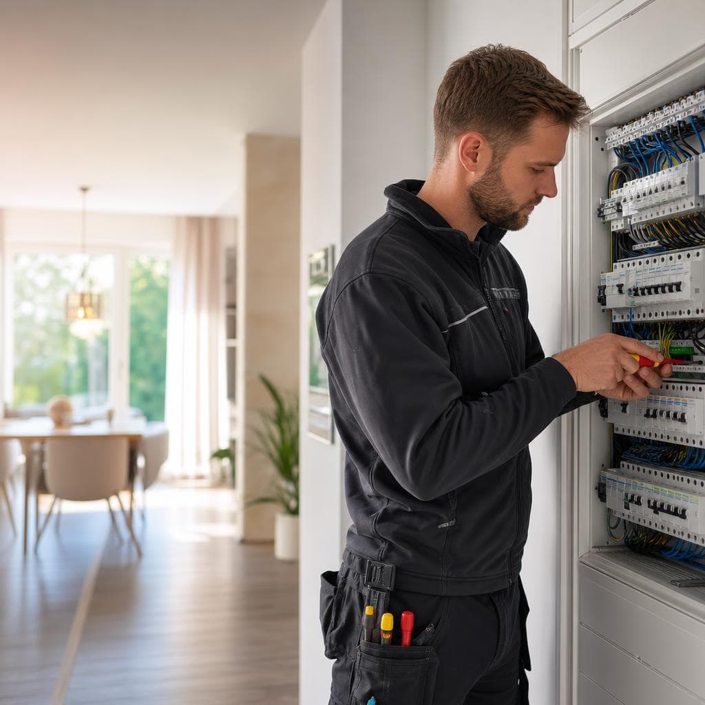 Elektriker in grauer Arbeitsjacke arbeitet mit einem Schraubendreher an einem geöffneten Verteilerschrank